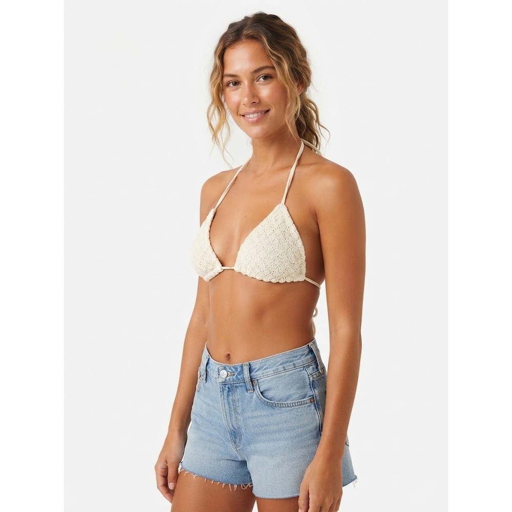 Hollister Bikini Top Womens Small Cream White Excellent Eyelet Crochet Triangle